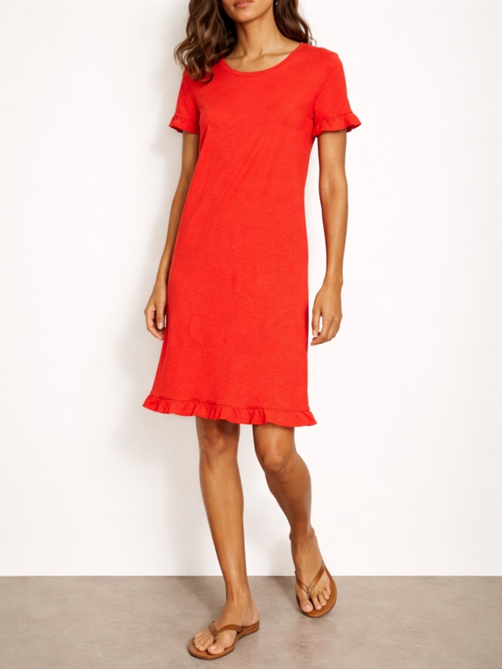Boden Emily Ruffle Jersey Dress Coral Red Knit T-Shirt Dress Short Sleeve US 18L
